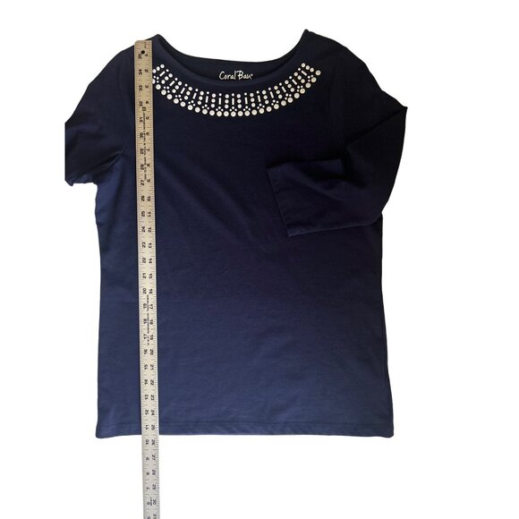 Coral Bay Women's Navy Blue 3/4 Sleeve Top With Dotted White Neckline Size M - Picture 8 of 8